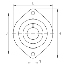 軸承座單元 FLCTEY12, 帶兩個(gè)螺栓孔的法蘭的軸承座單元，鑄鐵， 內(nèi)圈帶平頭螺釘， P 型密封，無(wú)再潤(rùn)滑結(jié)構(gòu)