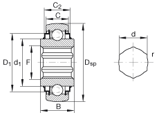 外球面球軸承 SK100-206-KRR-B-AH11, 球面外圈，內圈帶六角形孔，兩側 R 型密封